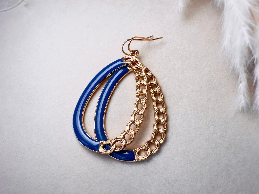 Teardrop Hoop Earrings with Blue Enamel and Gold Chain, Unique 80s Vintage Drop Earrings