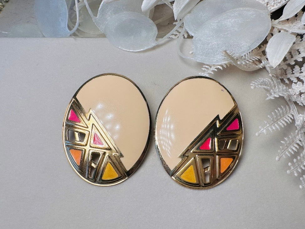 Big Vintage Earrings, 1980s Cream Pink Yellow Gold Oversized Oval Triangle Geometric Berebi 80s Designer Enamel Lace Cut Out Earrings