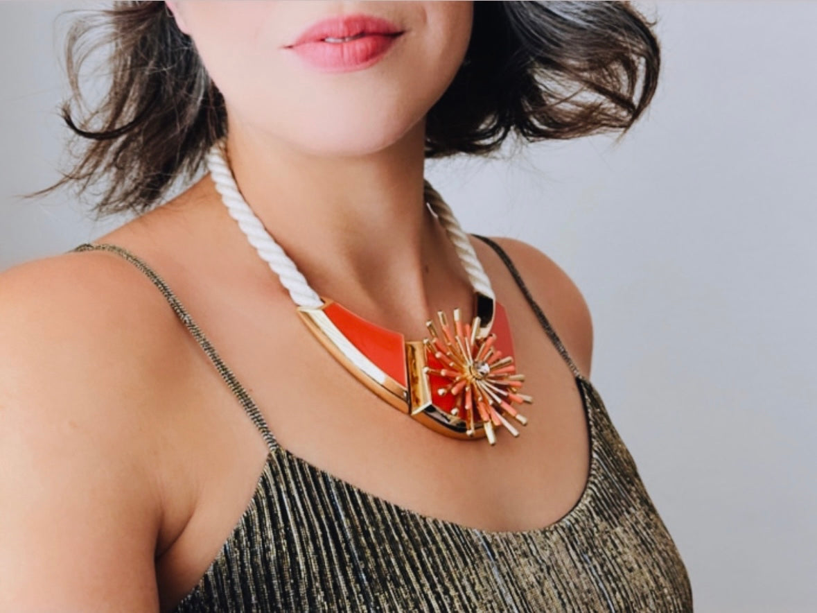 Coral and Gold Vintage Statement Necklace, Oversized Bib Necklace, Gold and Orange Pink Vintage Vince Camuto Designer, Big Holiday Necklace