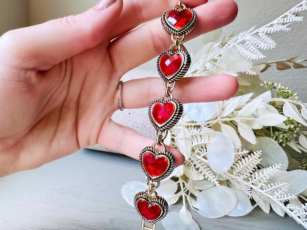 Napier Heart Bracelet, Red Confetti Heart Lucite Link Bracelet, Cute Vintage Bracelet, Gifts for Her, Gold Heart Jewelry, Signed Designer