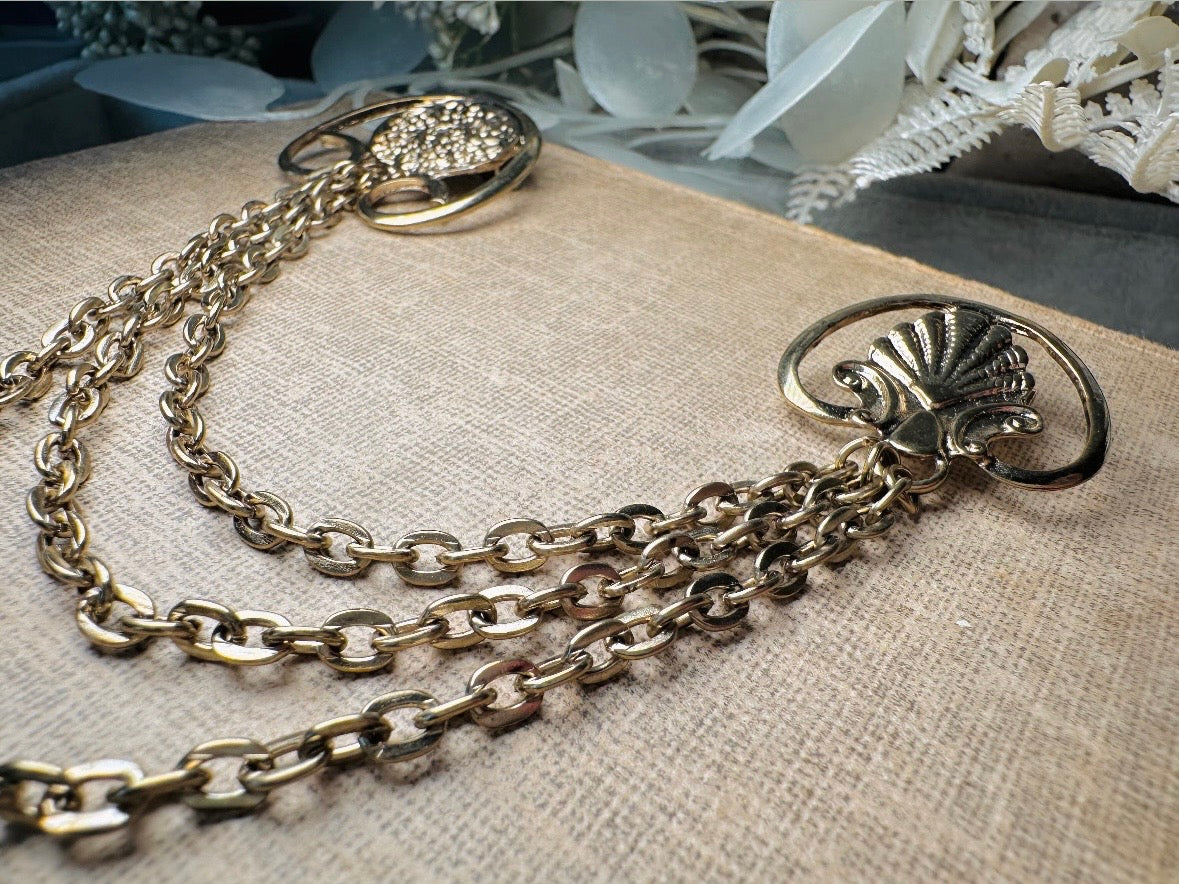 Gold Deco Sweater Pins, Classic Vintage Gold Cloak Chatelaine Pins with Draping Chains, Triple Chain Brooch Pair, Double Fan Pins Brooches