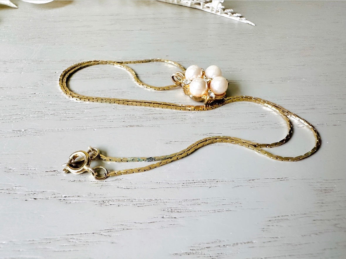 Pearl Pendant Necklace, Vintage Gold Drop Necklace, Gold Tone Cluster Pendant with Diamond Rhinestones, Romantic VTG Gold Chain Necklace