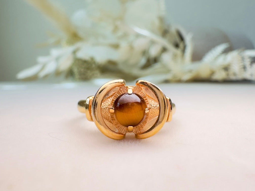 Tigers Eye Ring, 14kt Gold Vintage Gemstone Ring, Beautiful Boho 70s Genuine Tiger's Eye Ring from 1978, Adjustable Size 7