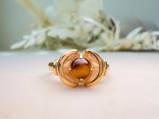 Tigers Eye Ring, 14kt Gold Vintage Gemstone Ring, Beautiful Boho 70s Genuine Tiger's Eye Ring from 1978, Adjustable Size 7