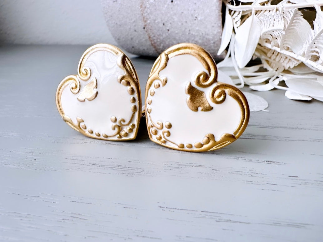 Cream Heart Earrings, Cream and Gold Enamel Heart Clip on Earrings, Unique Vintage Scroll Heart Earrings, Lolita Pretty Cute Earrings