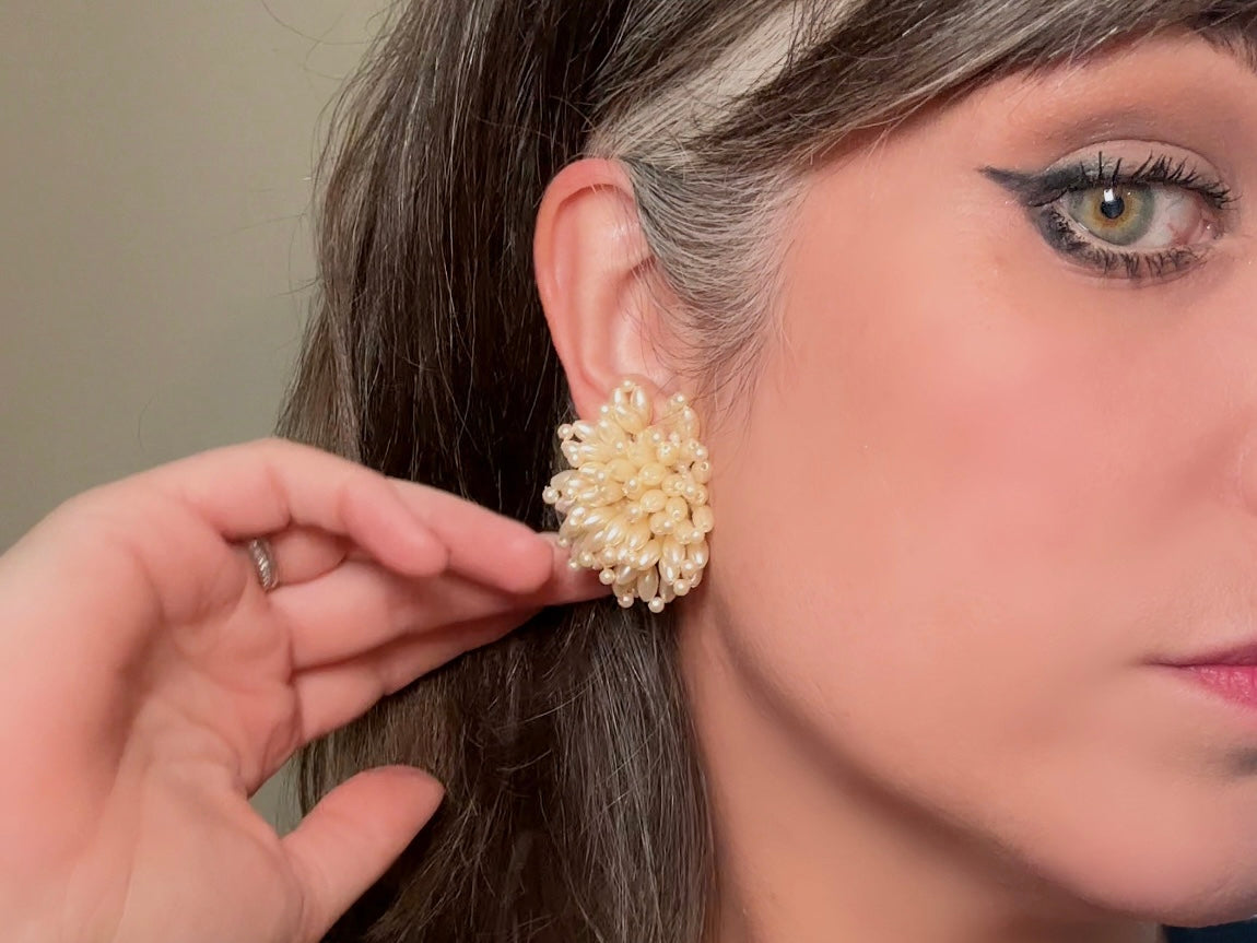Pearl Pom Pom Earrings, Incredible Vintage Statement Earrings, Dreamy Cream Pearl Earrings, Extravagant Pearl Cluster Cocktail Earrings