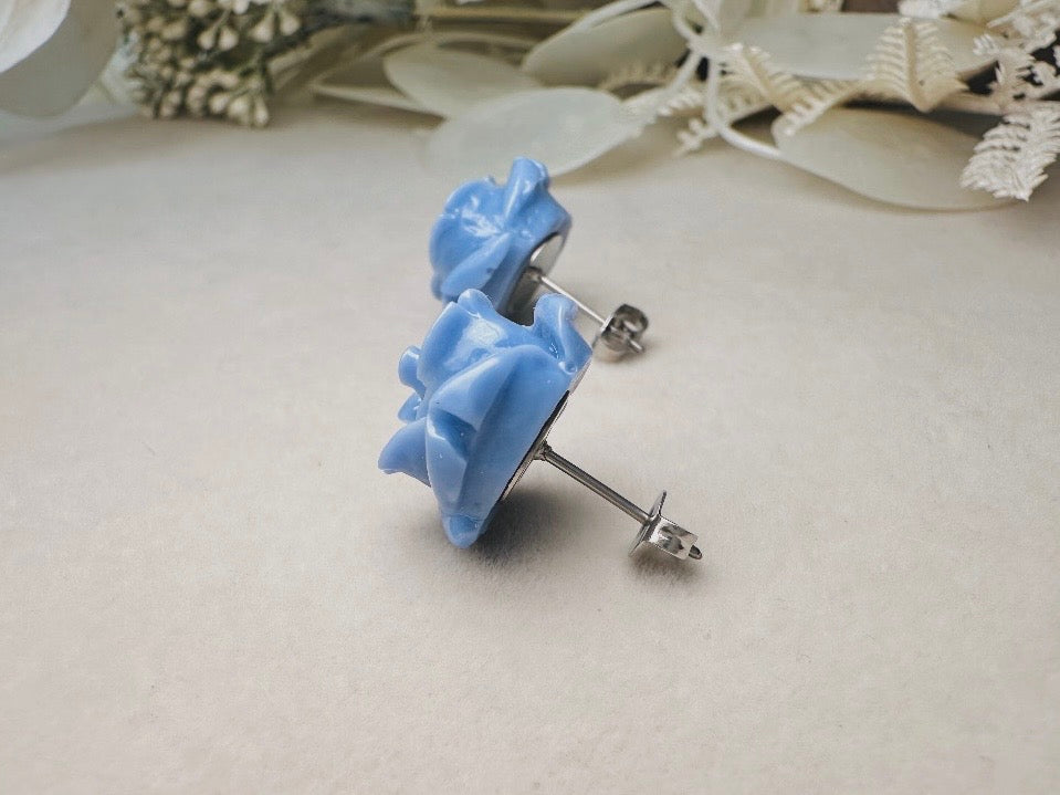 Flower Stud Earrings, Dusty Blue Earring, Large Rose Earrings, Rose Stud Earring, Big Flower Earrings, Resin Stud Earring, Hypoallergenic