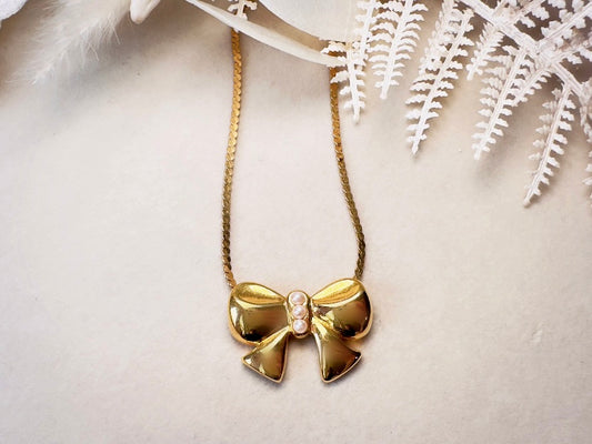 Gold Bow Necklace, Vintage Marvella Slide Pendant Necklace with Tiny Pearl Accents, Gold Ribbon Necklace on 18" Serpentine Chain
