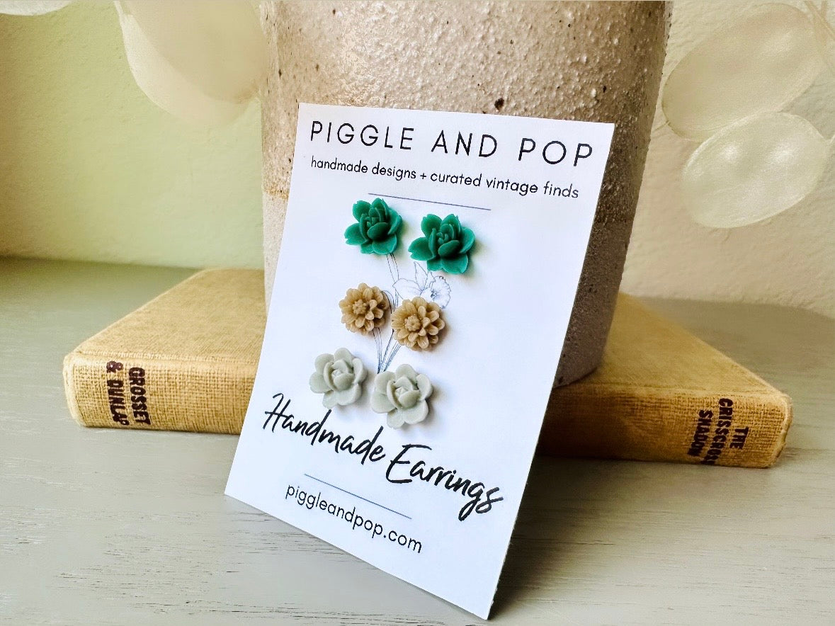 Botanical Post Earrings Set, Flower Stud Earrings in Emerald Green, Latte Brown and Cool Grey Earring Gift Set, Cute Floral Resin Earrings handmade by Piggle and Pop