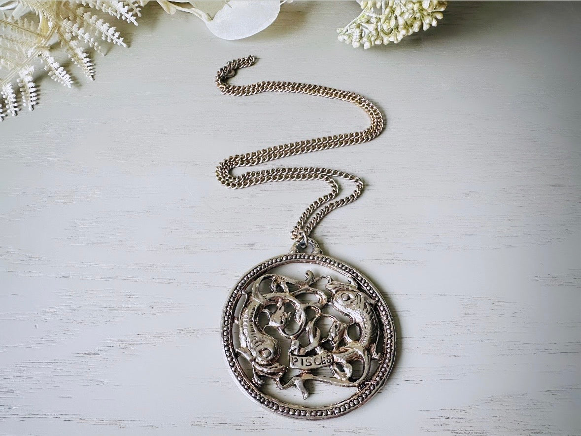 Vintage Pisces Zodiac Necklace, Star Sign Astrology Necklace, Unique Birthday Necklace, 24" Long Silver Pendant Necklace Vintage Astrology