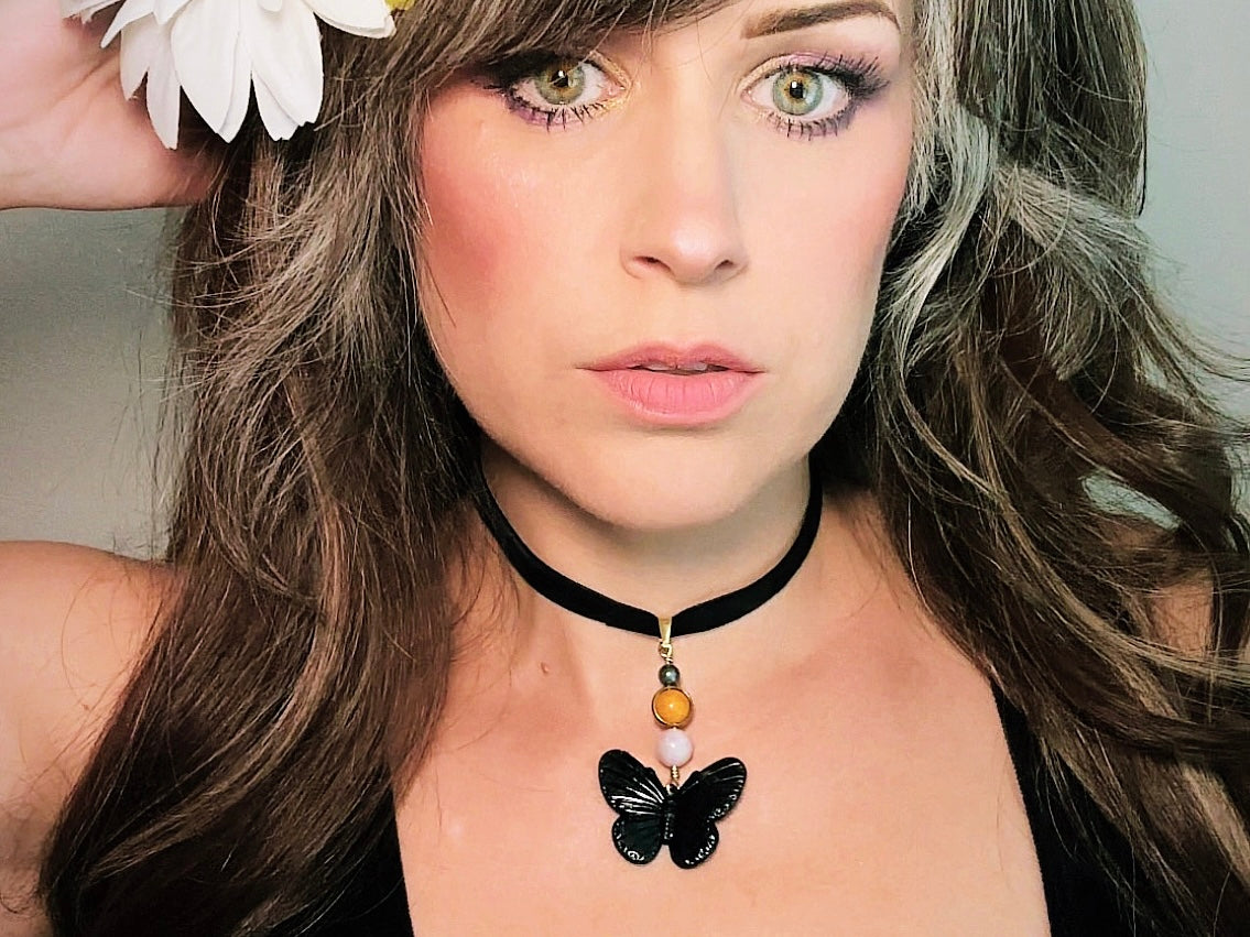 Gemstone Butterfly Choker, Whimsical Handmade Black Velvet Choker Necklace, Whimsigoth Rose Quartz Yellow Jade & Pyrite Orbs Black Butterfly