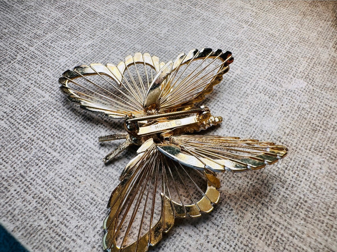 Vintage Butterfly Brooch, Signed Monet Vintage Brooch, Beautiful Gold and White Enamel, Elegant Butterfly Broach, Spring Wedding Fashion