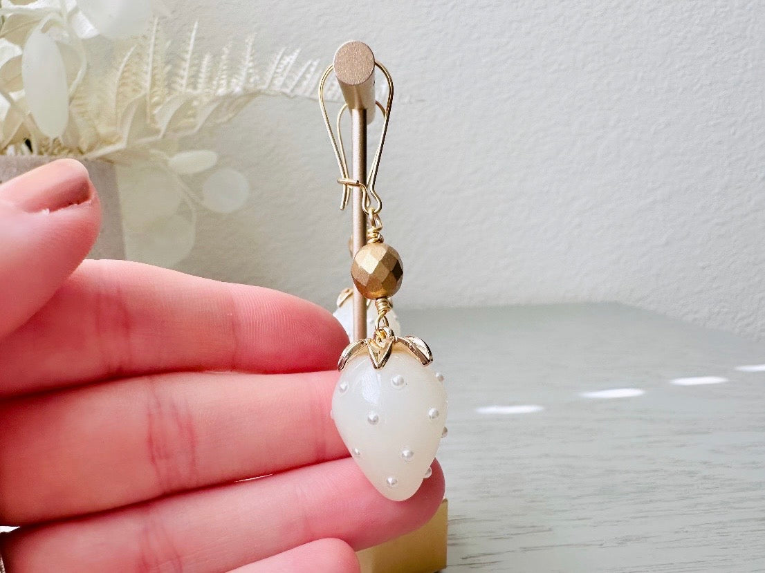 White Strawberry Earrings, Original Handmade 24k Gold + Glass Earrings, Large Pearl Strawberry Dangle Earrings, Unique Handmade Earrings