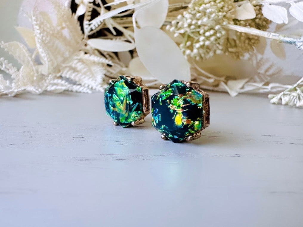 Green Hexagon Earrings, Vintage Glitter Confetti Pierced Earrings, Unique Party Vintage Earrings, Pierced Vintage Metallic Green Earrings