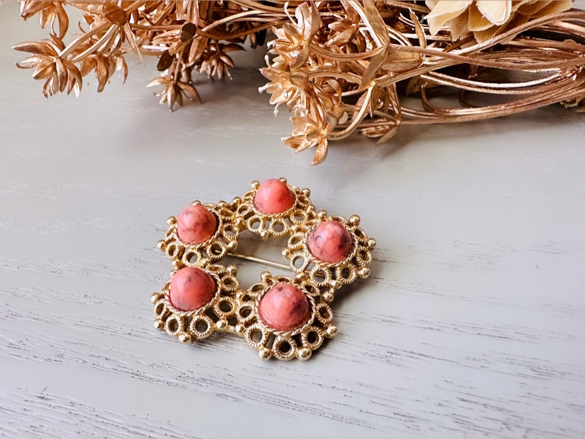 1970's Vintage Brooch, Valencia Brooch Sarah Coventry Coral and Gold Filigree Flower Wreath Brooch, Unique Signed 70s Vintage Jewelry