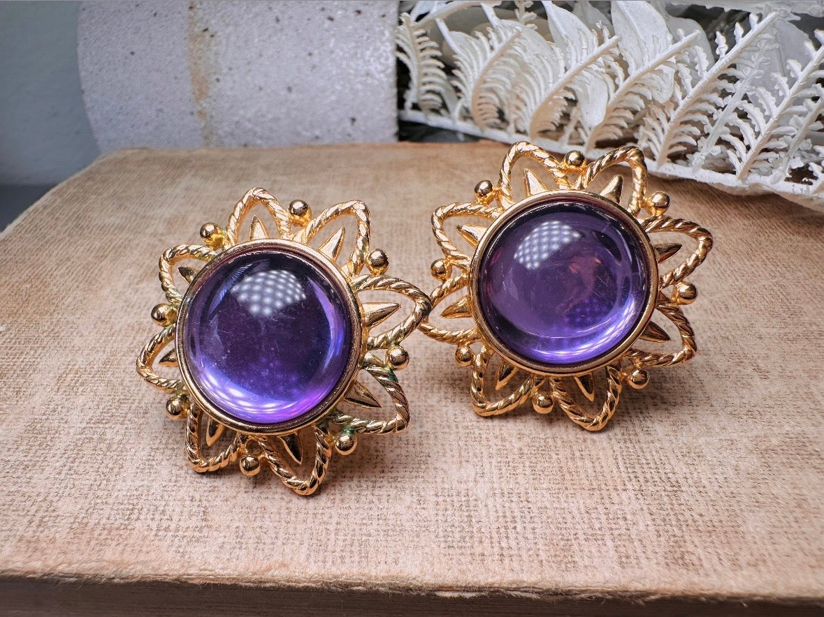 Purple Trifari Jelly Belly Sun Earrings, Rare Moonglow Violet Domed Glass Earrings