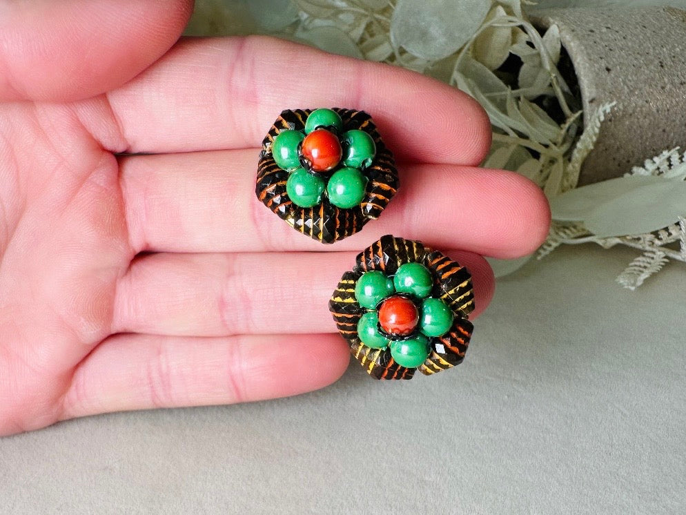 60s Beaded Clip On Earrings, Unique Vintage Retro Earrings in Red and Green, Made in Hong Kong