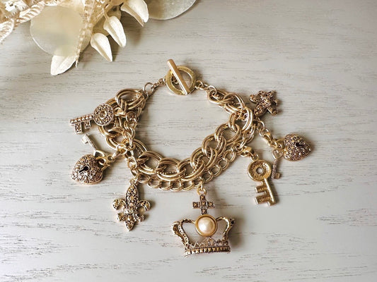 Vintage Charm Bracelet, Gold Triple Chain Bracelet with Hearts, Keys, fleur de lis Pearl Goldtone Bracelet, Vintage Gifts for Her 8.25” Long