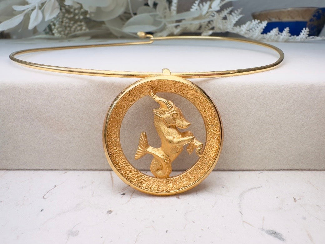 Capricorn Zodiac Necklace, Rare Signed Crown Trifari Designer Matte Gold Hoop Choker Astrology Necklace
