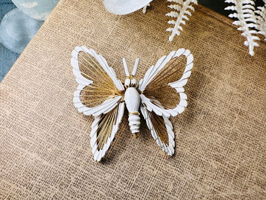 Vintage Butterfly Brooch, Signed Monet Vintage Brooch, Beautiful Gold and White Enamel, Elegant Butterfly Broach, Spring Wedding Fashion