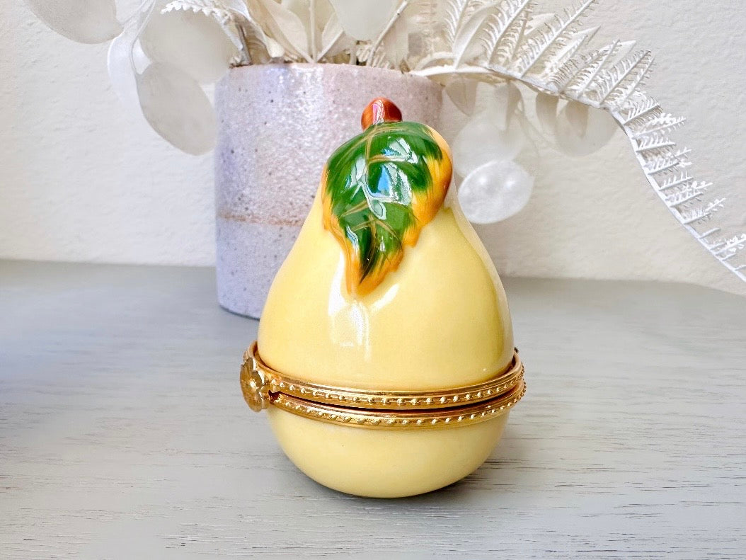 Vintage Pear Trinket Box, French Country Vintage Porcelain Vanity Dresser Mini Jewelry Box, Golden Pear with Green Leaves + Gold Accents