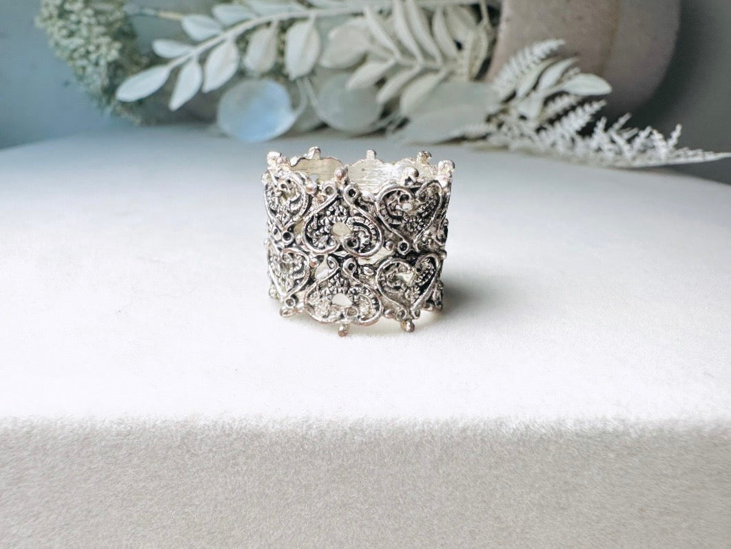 Silver Filigree Ring, Antique Silver Lace Ring with Hearts + Cut Outs, Vintage Statement Ring, Thick Band Costume Cocktail Ring, Size 6
