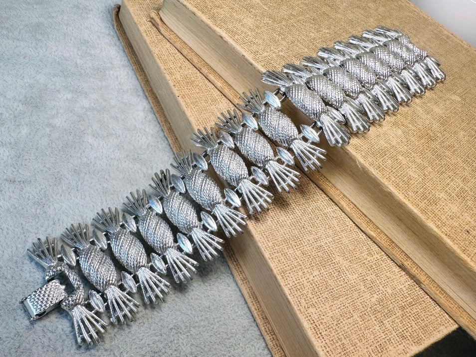 Vintage Silver Bracelet, Thick Articulated Metal Panel Bracelet, Large Chunky Silver Sarah Coventry Simply Elegant Pineapple Bracelet