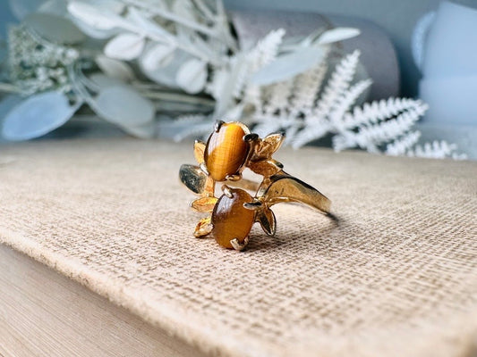 Vintage Tiger's Eye Ring Gold Tone, Fitted Size 8.5 Multistone Ring, Unique Gold and Brown Cocktail Ring, Retro Costume Ring