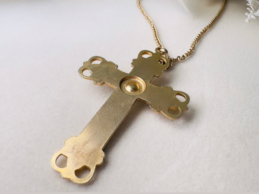 Vintage Gold-Tone Damascene Cross Pendant Necklace with Faux Pearl