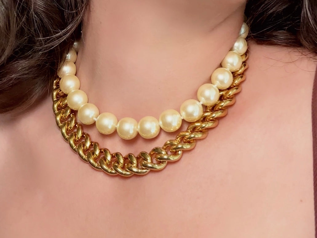 Vintage Carolee Necklace, Double Strand Pearl and Gold Chain Necklace with Intricate Scroll Detail and Hook Closure, Etruscan Pearl Necklace