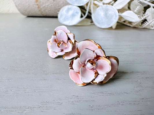 Pink Flower Earrings, Gorgeous White & Pink Enamel Earrings, Vintage Rose Earrings in Gold, Beautiful Screw Back NonPierced Bridal Earrings