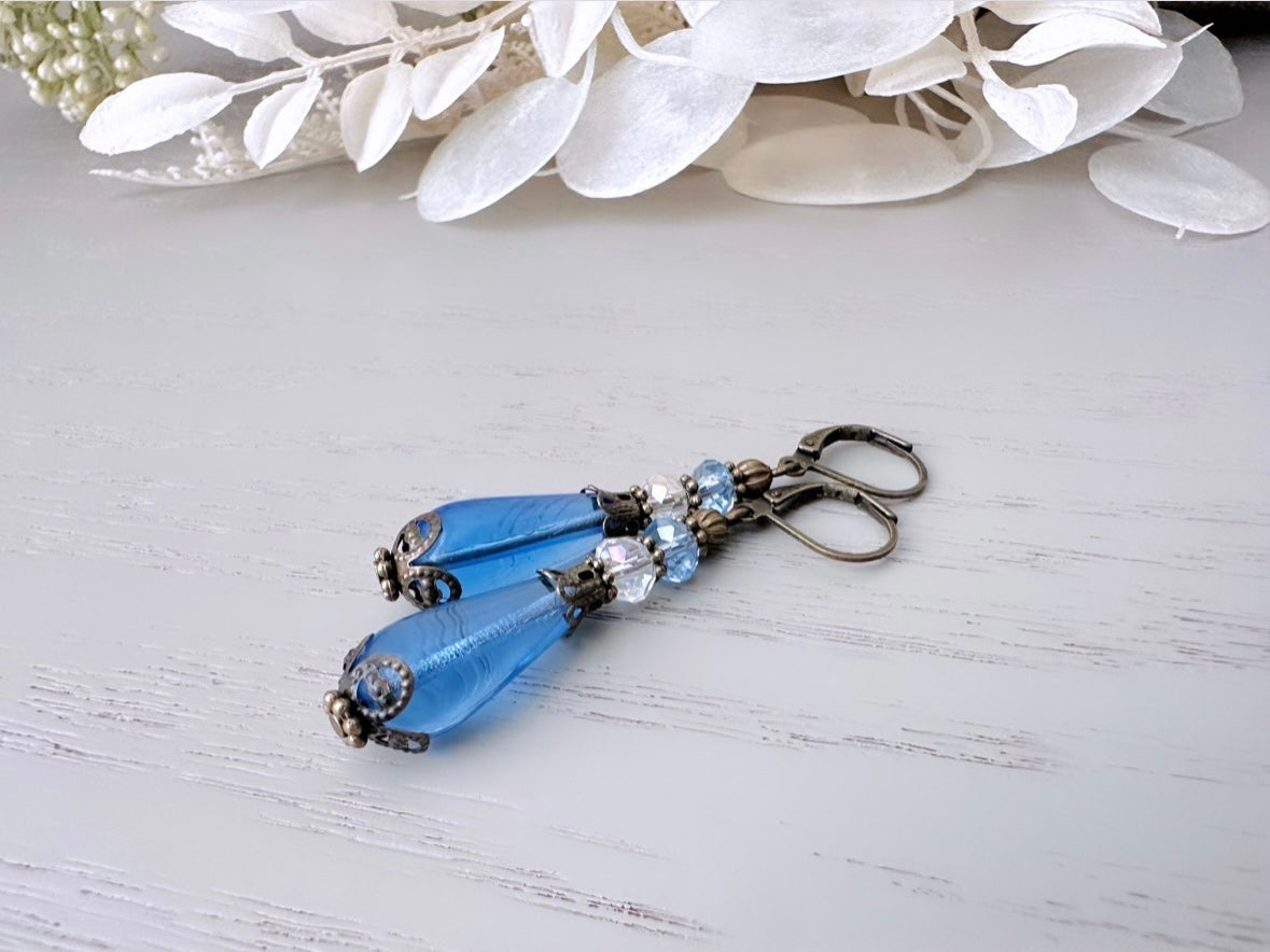 Sapphire Teardrop Earrings, Light Blue Earrings, Downton Abbey Insired Jewelry, Beaded Victorian Earrings, Beautiful Handmade Earrings