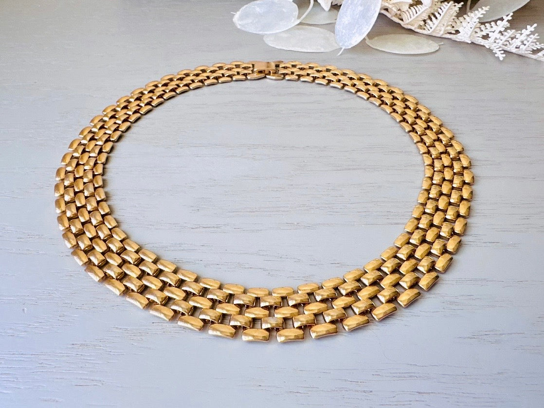 Gold Vintage Chain Necklace Basket Weave Style, Layered Look 1980s Runway Chic, Beautiful Gold Collar Necklace, Authentic Vintage Jewelry