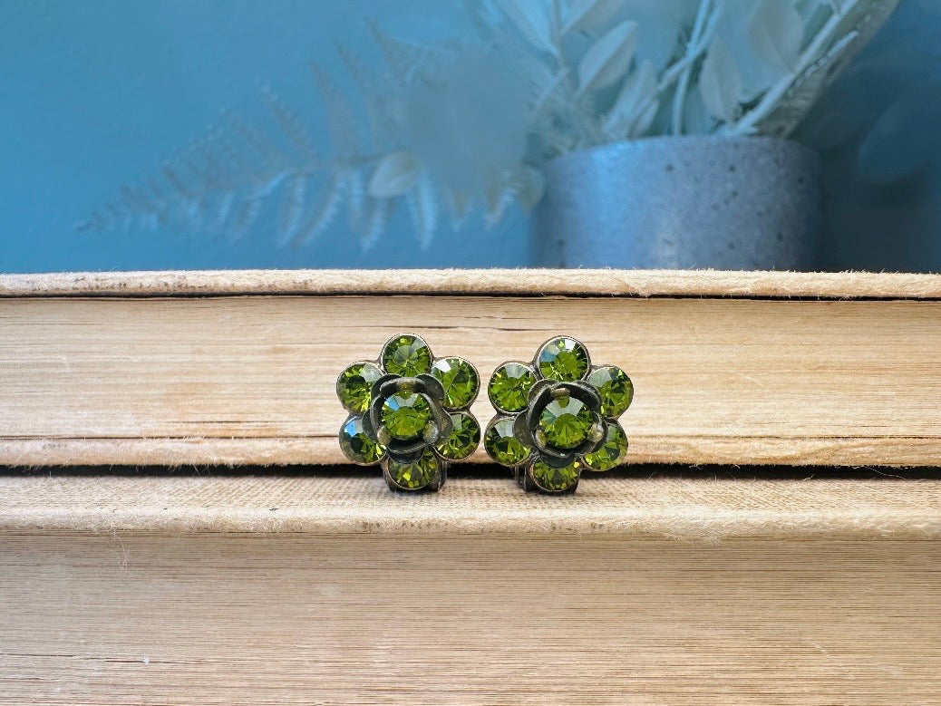 Green Rhinestone Flower Earrings, Small Vintage 1960s Olive Green Crystal Clip On Earrings