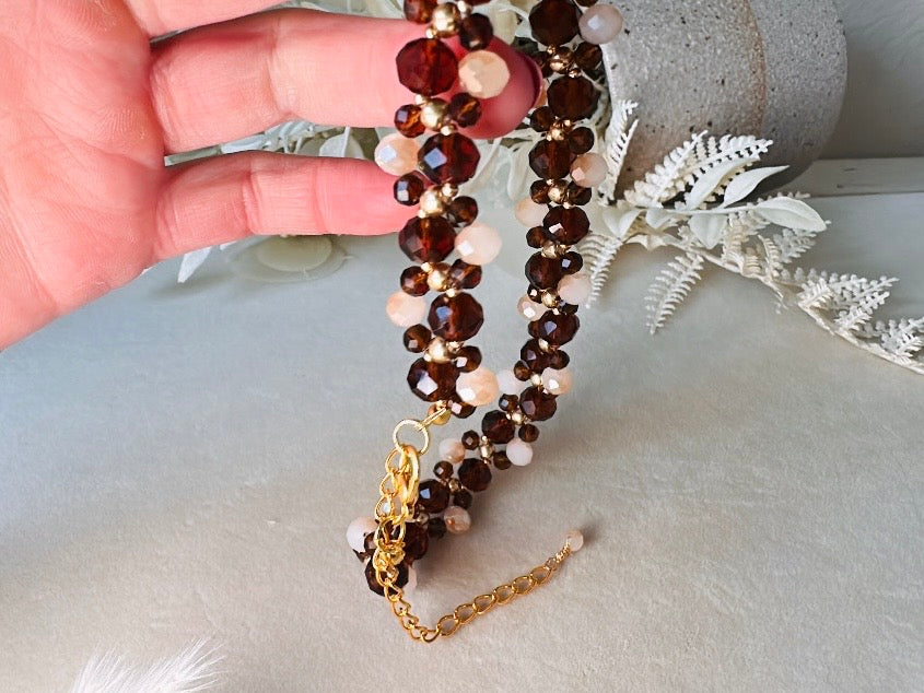 Crystal Choker Necklace, Handmade Beaded Necklace in Fiery Brown, Gold, Amber and Champagne