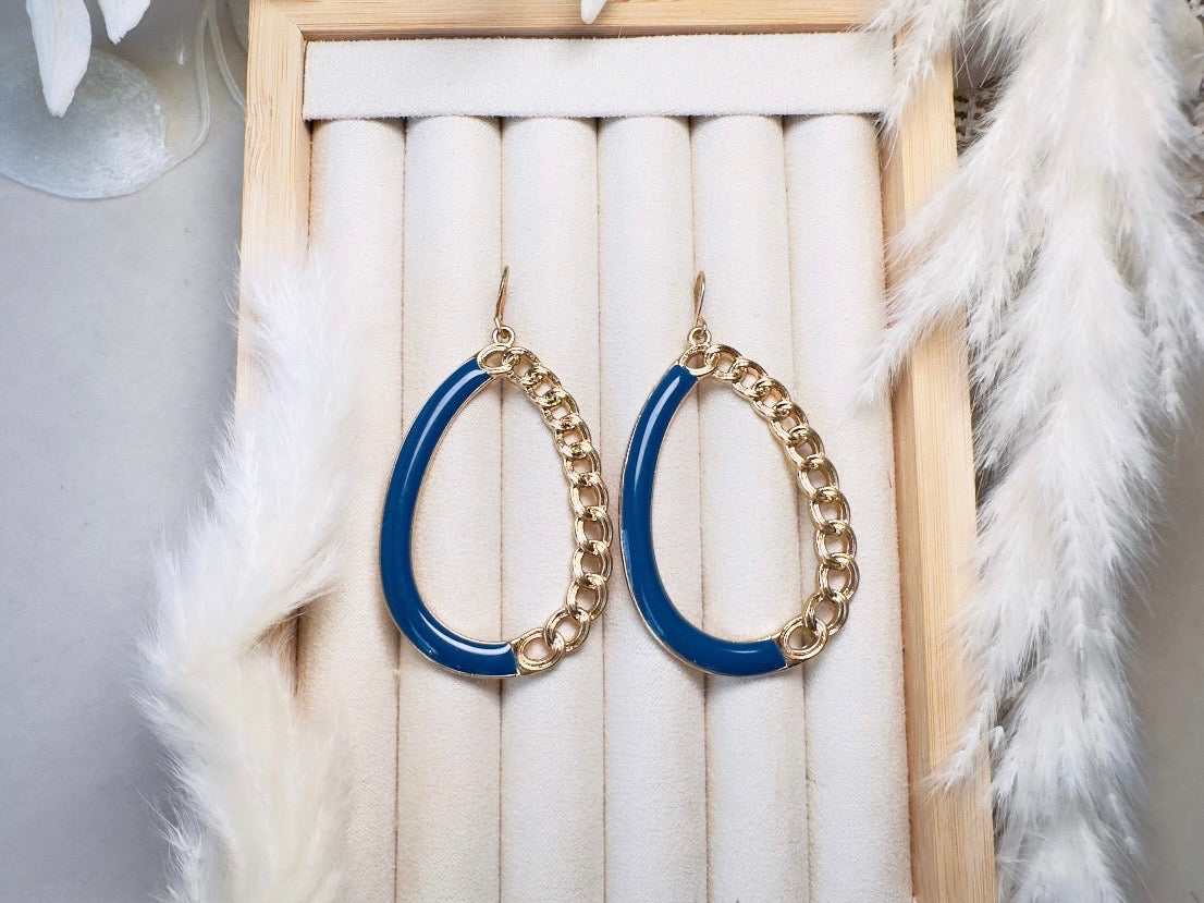 Teardrop Hoop Earrings with Blue Enamel and Gold Chain, Unique 80s Vintage Drop Earrings