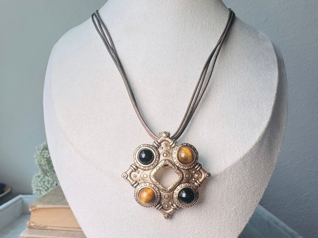 Vintage Pendant Necklace, Tigers Eye and Onyx Gemstone Pendant Necklace by Premier Designs, Etruscan Necklace with Gold Detachable Pendant