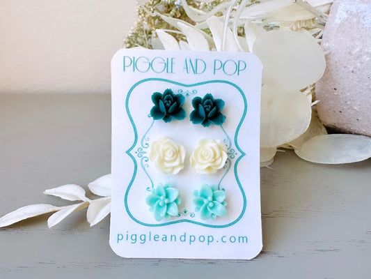 Flower Stud Earrings Set, Emerald Orchid Earrings, Cream Rose Earring, Mint Lotus Earrings, Earring Stud Set, Cute Resin Stud Earrings Fse3