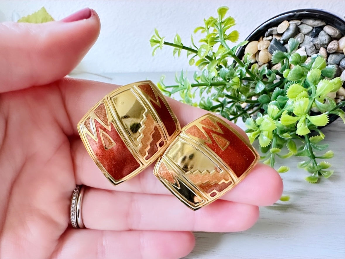 Cowboy Copper + Gold Vintage Berebi Earrings, Geometric 80s Square Earrings, 1980s Designer Earrings, Funky Pierced Enamel Square Earrings