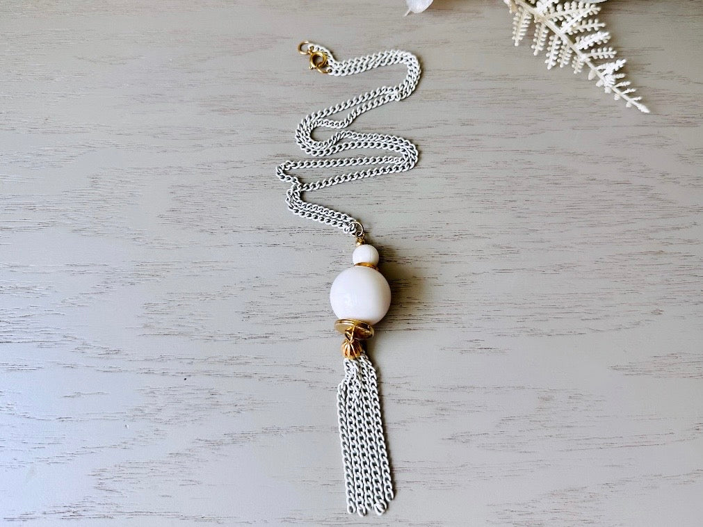 Vintage White Tassel Necklace, 1970s Vintage Matte White Enameled Gold Chain Necklace with Sphere Pendant with Tassels, Great For Layering