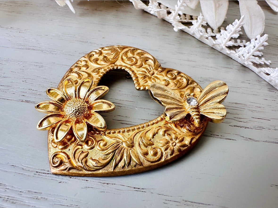 Vintage Heart Brooch, Romantic Regency Era Embossed Gold Heart Pin with Intricate Scrollwork, Raised Sunflower and Rhinestone Butterfly