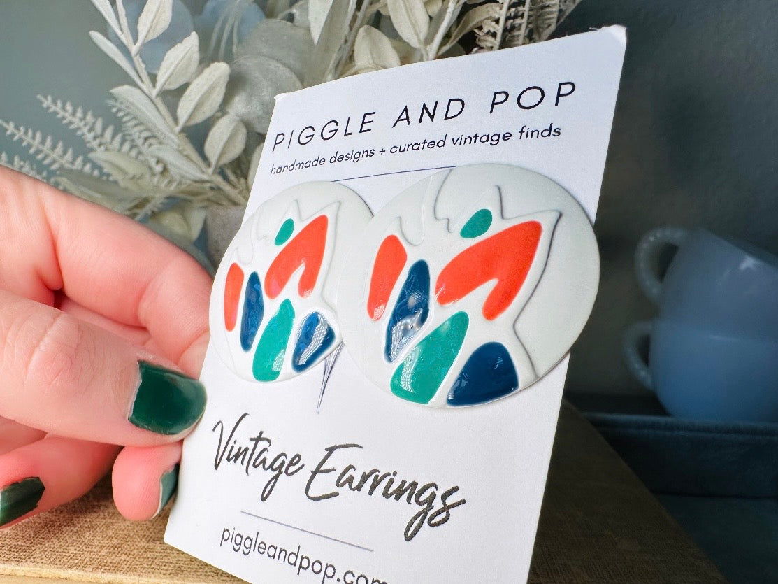 Teal Orange Blue and White Oversized Geometric Enamel Earrings, Fun 1980's Vintage Earrings, Colorful Interesting Retro Painted Earrings