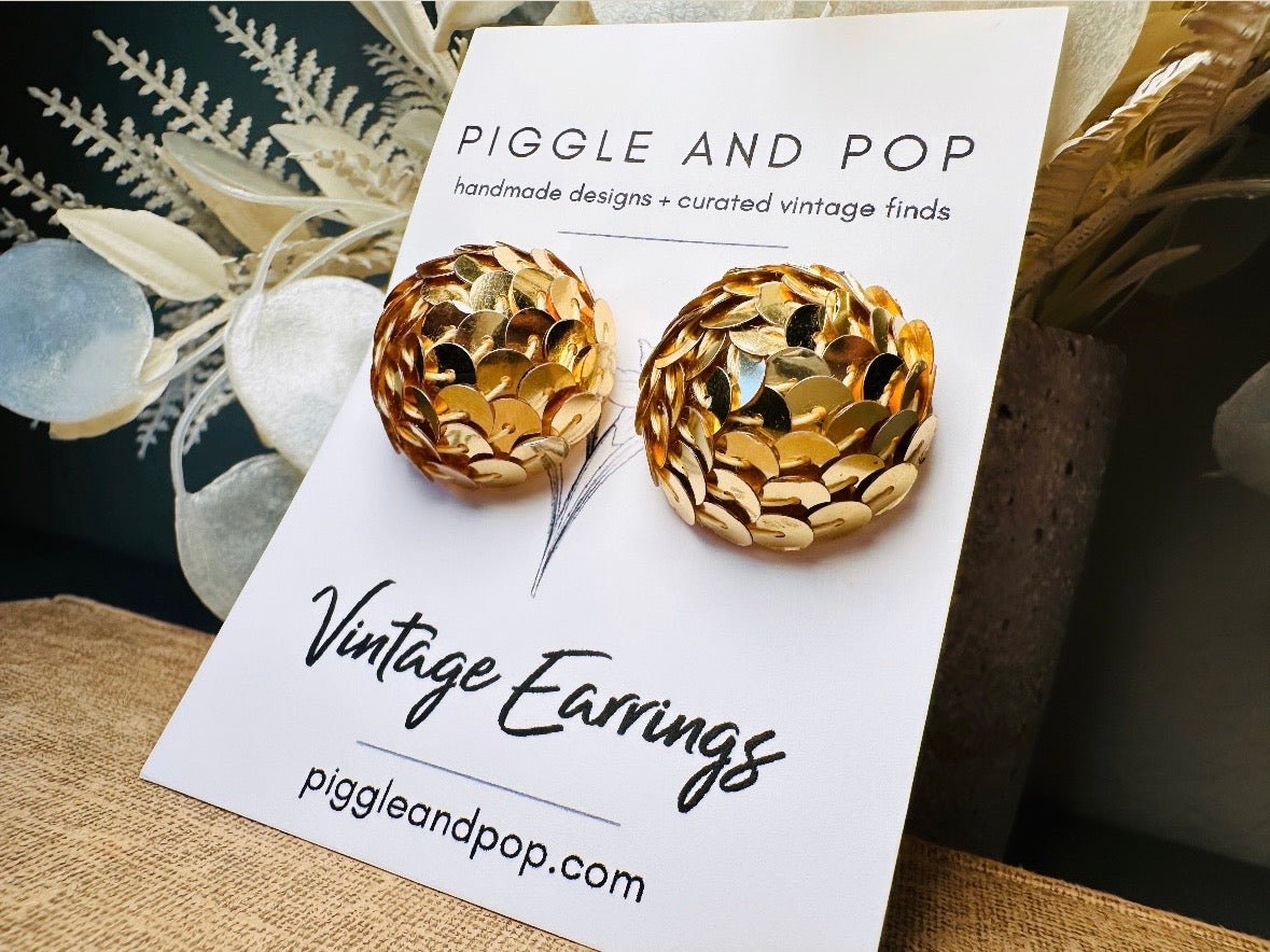 Gold Sequin Earrings, 1970s Party Earrings, Pierced Post Earrings, Big Gold Dome Earrings Covered in Sequins, Authentic Disco Earrings