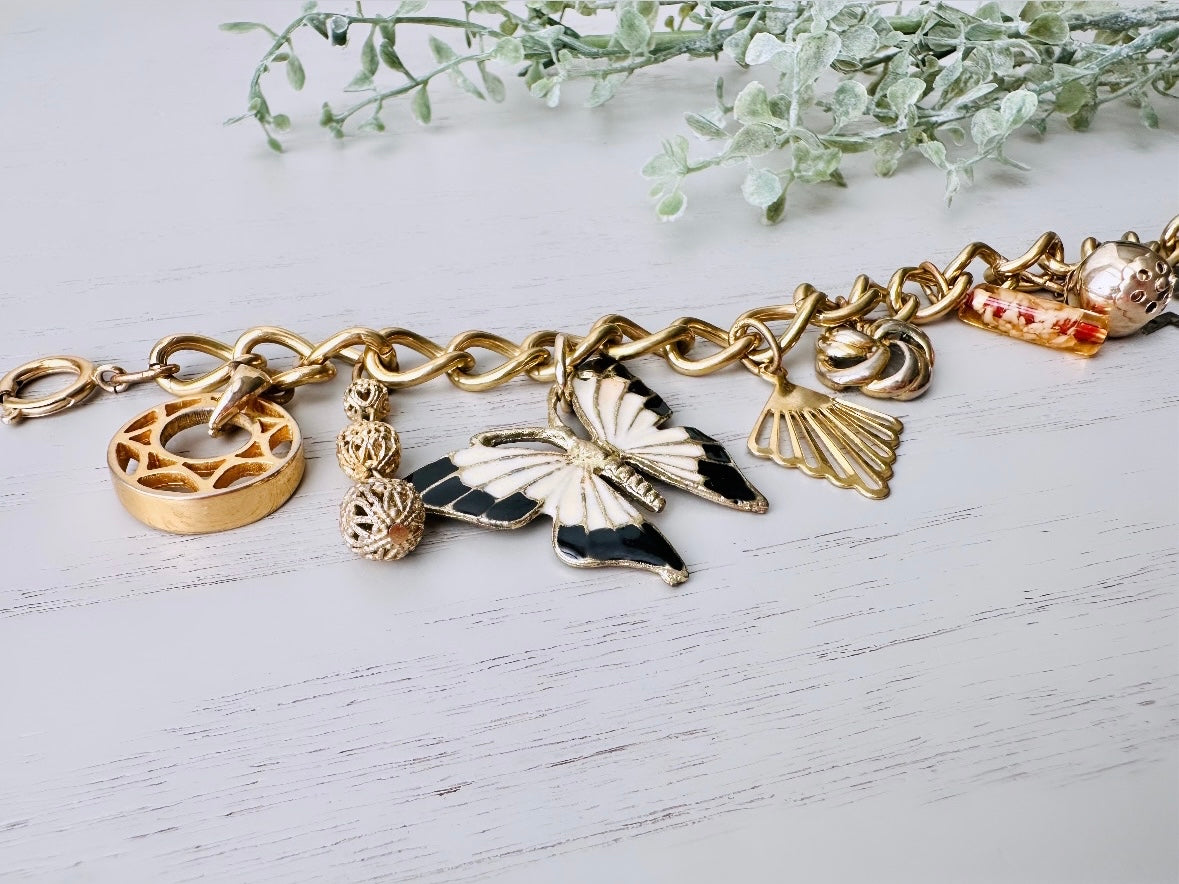 Vintage Charm Bracelet, Gold Chunky Bracelet with Butterfly Charm, Gold Star Charm and Gold Filigree Details, 1970s Retro Vintage Bracelet