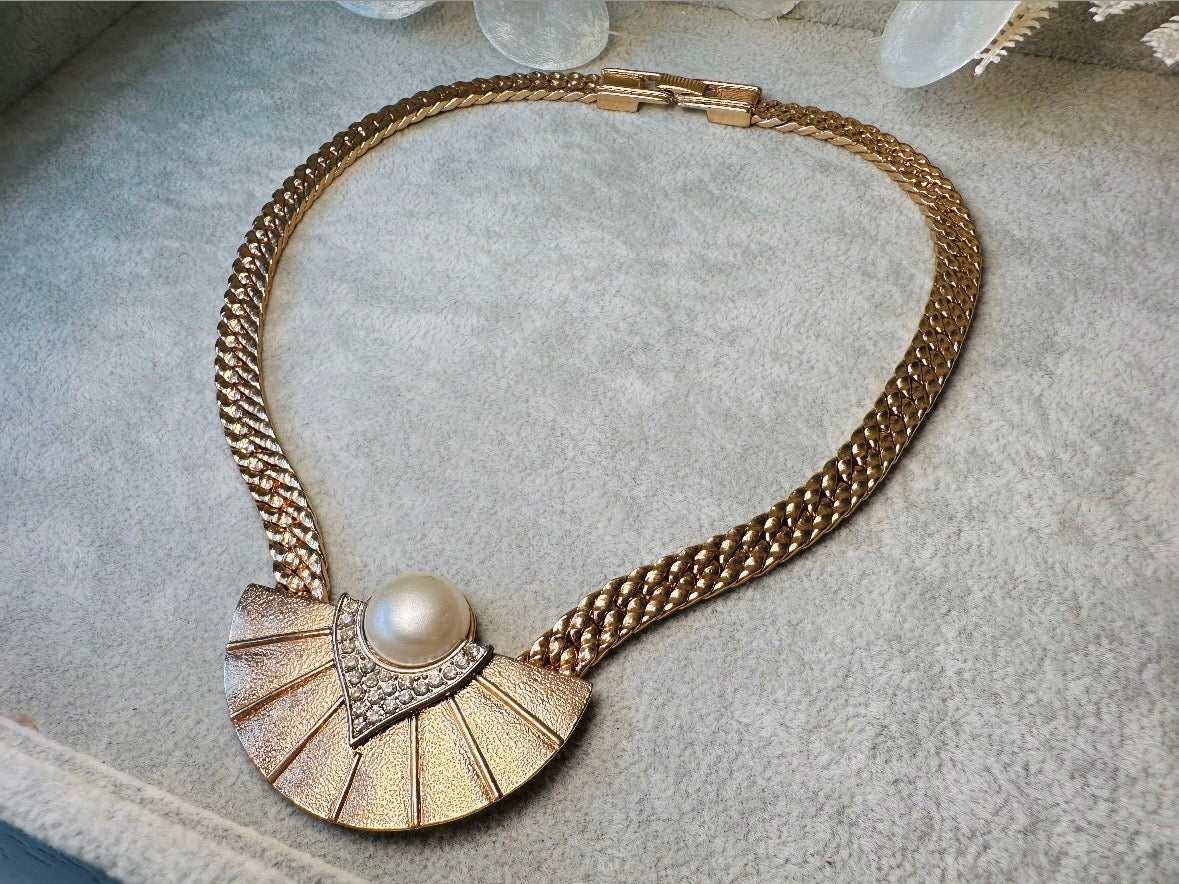 Art Deco Necklace, Vintage Park Lane Pendant Necklace w Gold Fan, 80s Pave Rhinestone Detail and Cream Pearl Cabochon, Chunky Chain Choker
