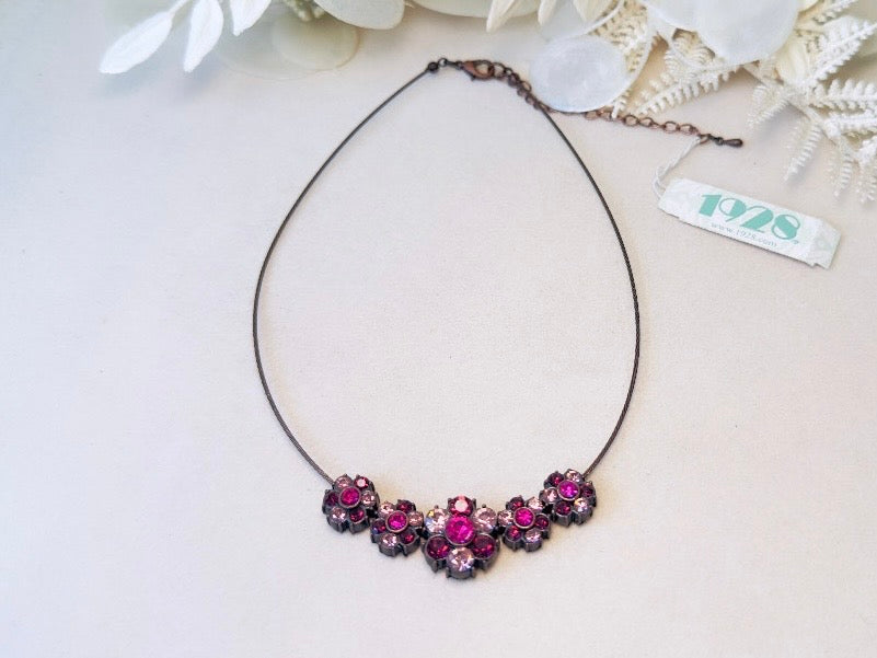 1928 Magenta Pink Rhinestone Floral Bronze Wire Necklace, 90s/Y2K NWT