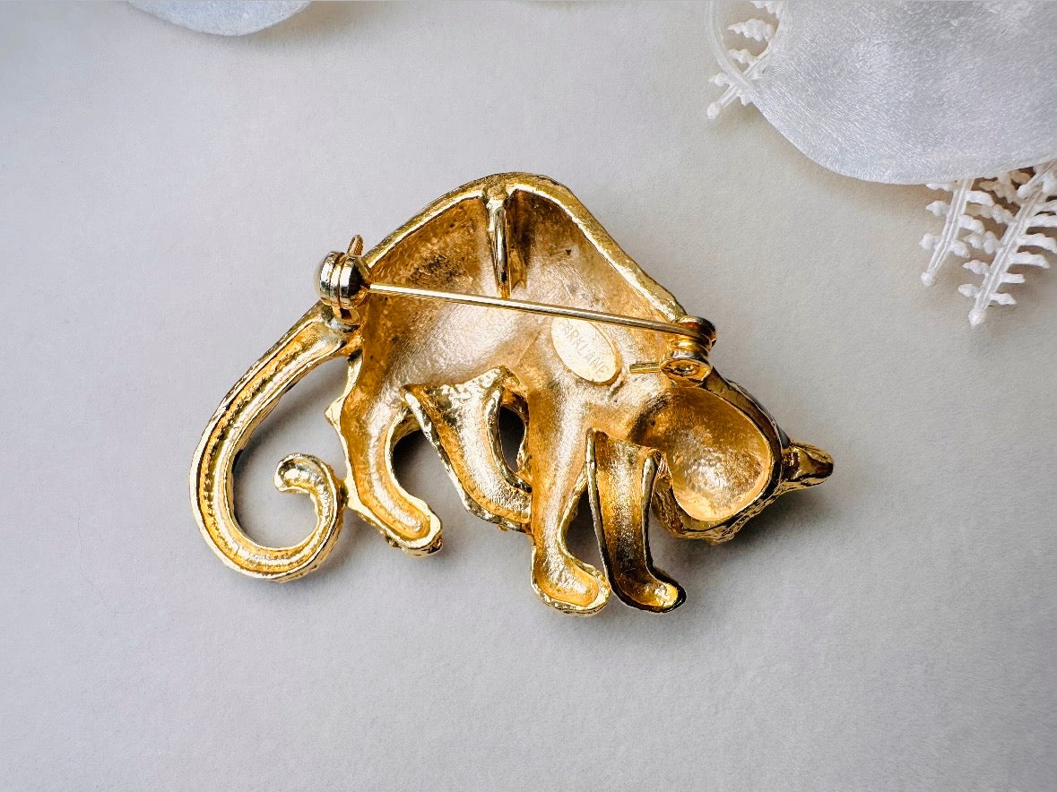 Spotted Leopard Vintage Brooch, Signed Park Lane Gold Cheetah Brooch with Black Enamel and Rhinestone Eyes, Convertible Pendant with Bail