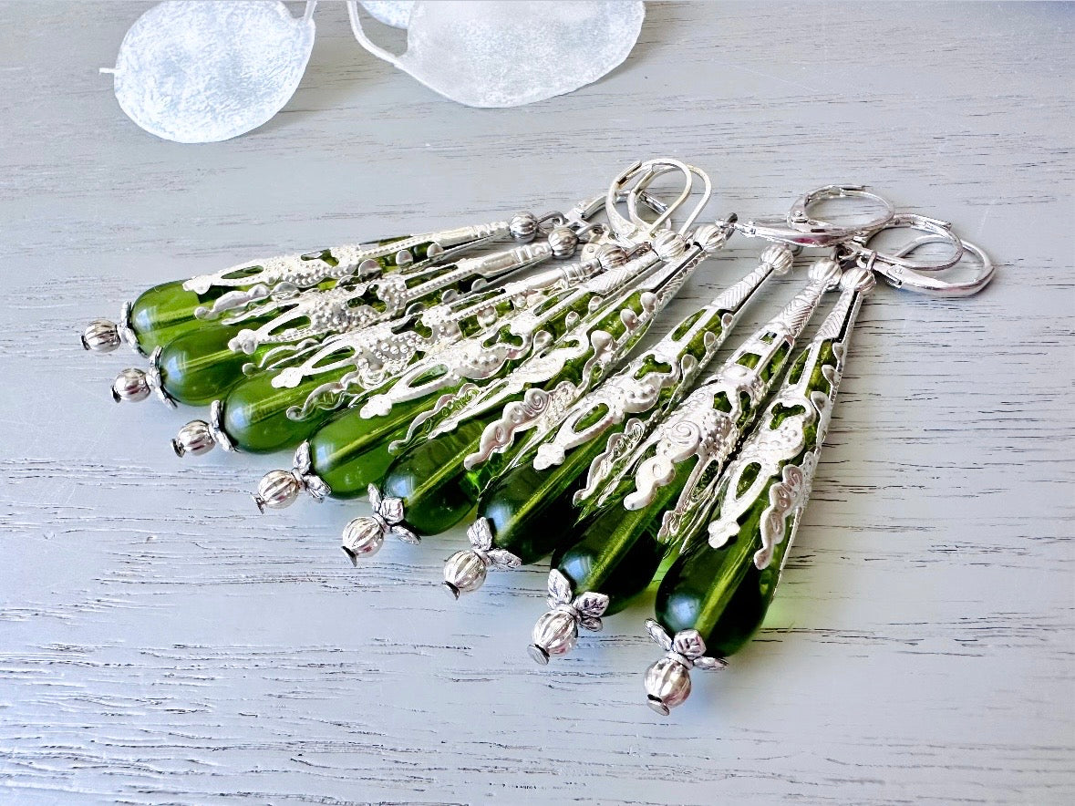 Green Teardrop Earrings, Handmade Art Nouveau Earrings, Silver Filigree Cones, Long Glass Pierced Dangle Drops, Green Earrings