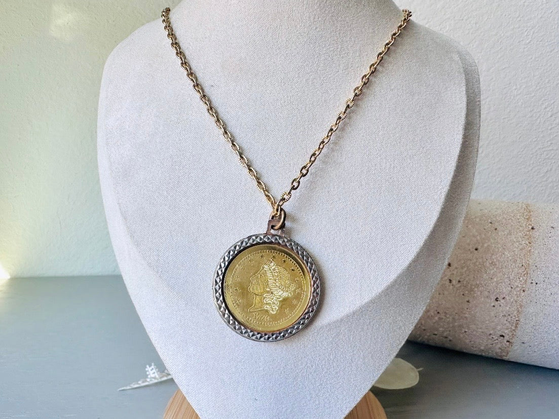 Vintage Pisces Zodiac Necklace, Star Sign Astrology Necklace, Unique Birthday Gift, Long Gold Pendant Double Sided Aqua & 1776 Coin Pendant