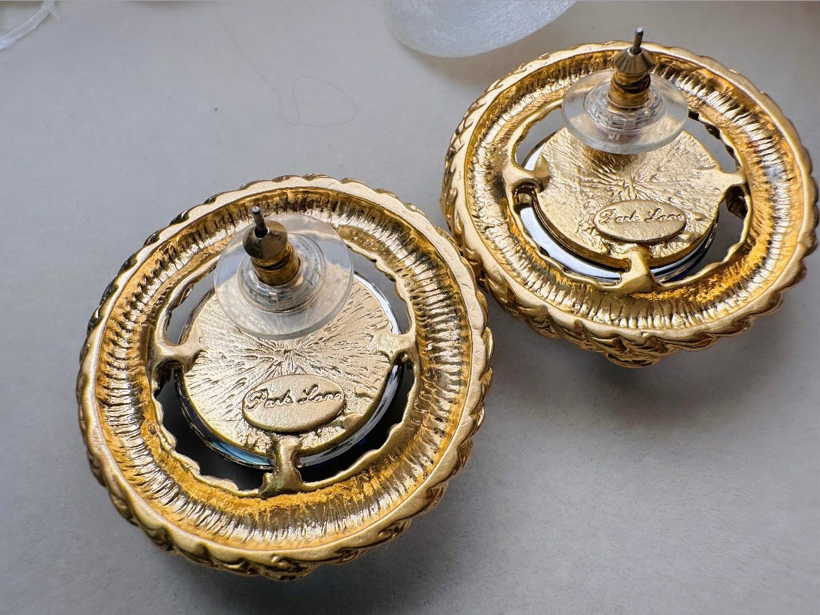 Cobalt Blue Gold Rope Earrings, Vintage Park Lane Earrings with Deep Blue Glowing Cabochons